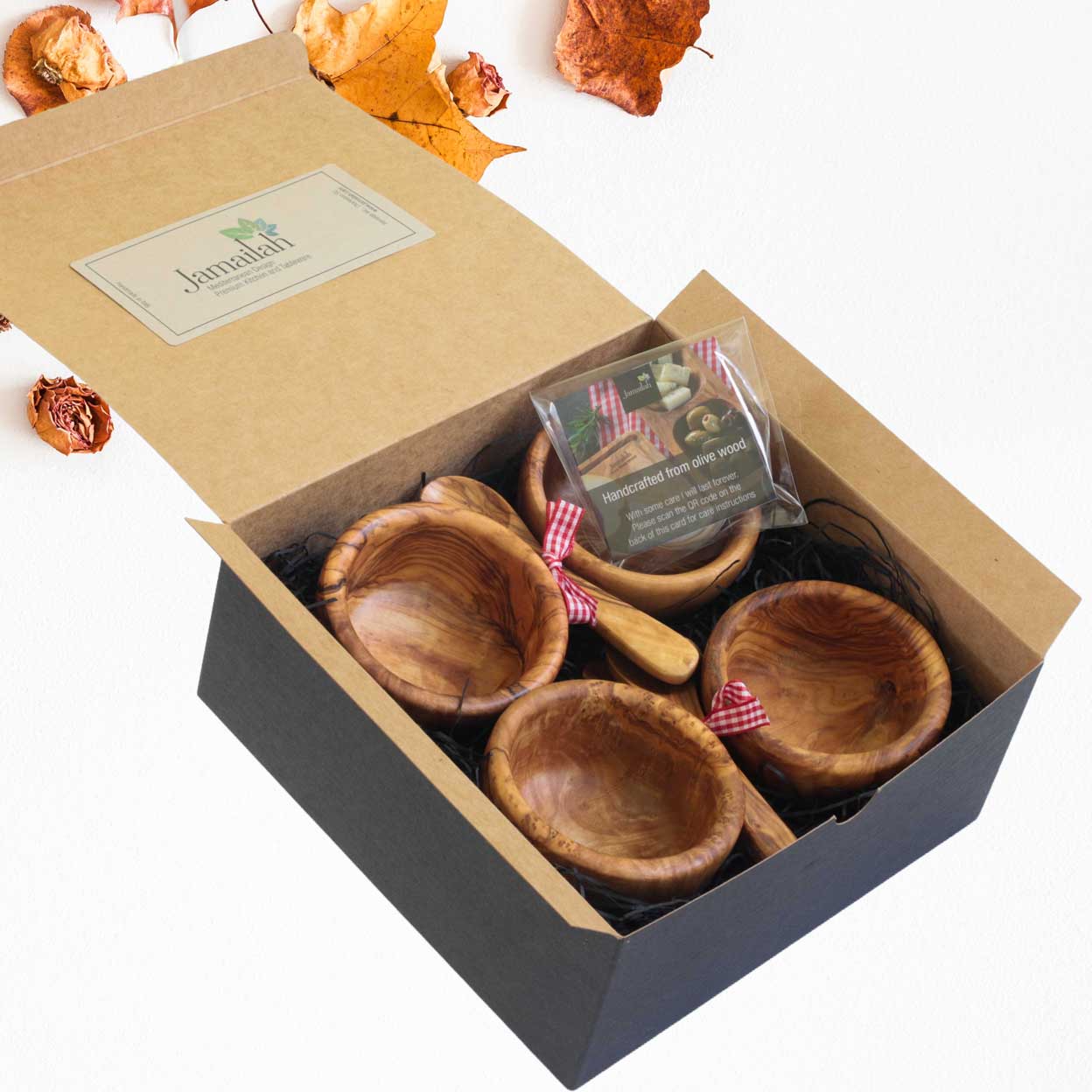 GIFT BOX VALENCIA Charcuterie Tapas Bowls with Spoons (Olive Wood) - Jamailah